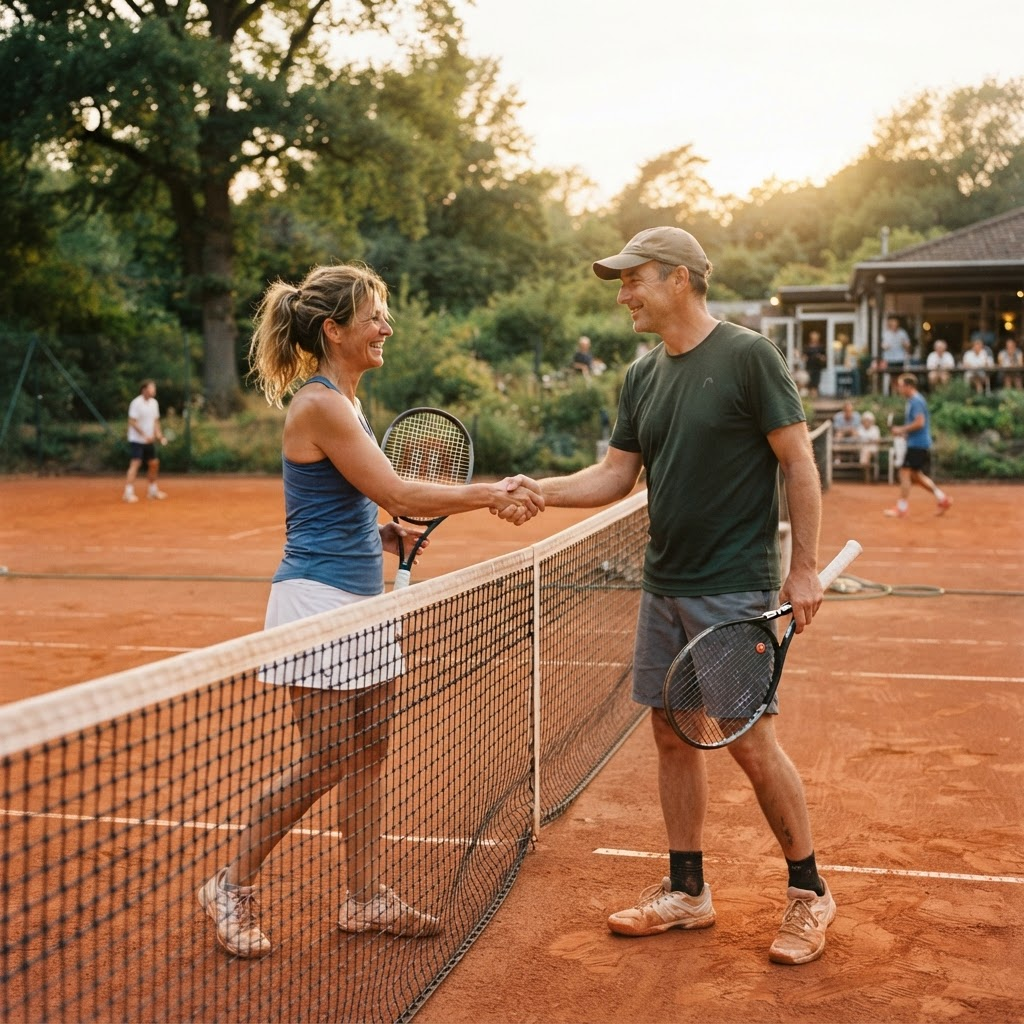 Two players shaking hands at the net after a friendly match