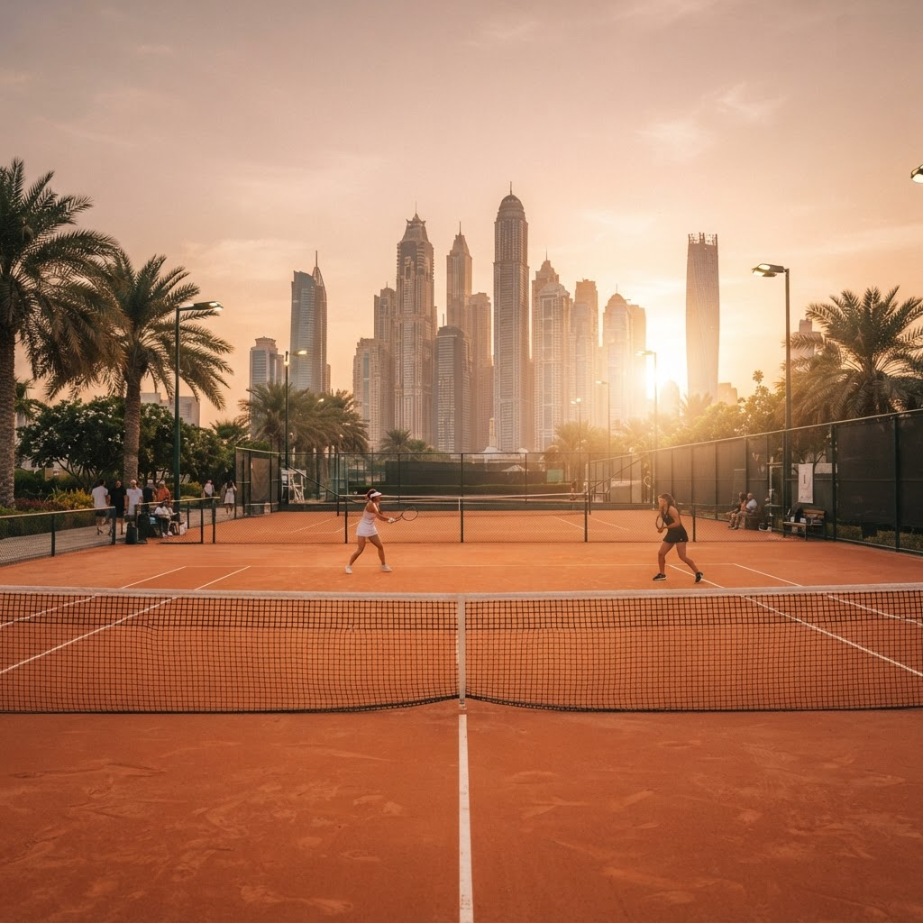An outdoor tennis court at golden hour with the Dubai Marina skyline and palm trees behind it