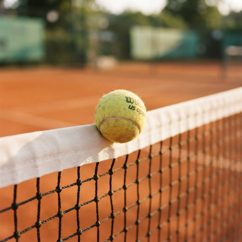 A tennis ball resting against the net on a sunlit court